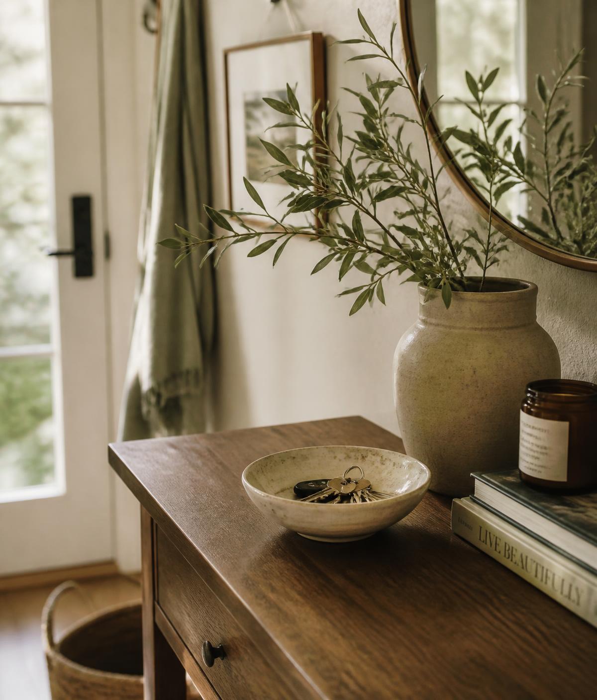 Warm entryway console with house keys resting in a ceramic bowl